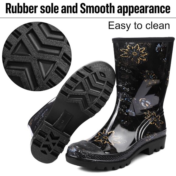 Women's Black Yellow Flower Lightweight Fashion Wide Calf Waterproof Rain Boots - Picture 4 of 5